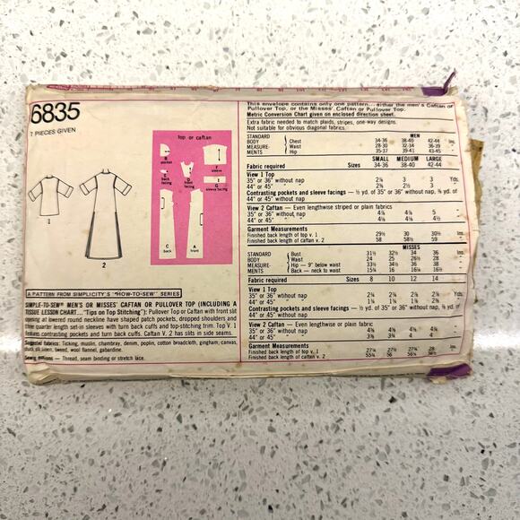 Vintage 1970s Simplicity 6835 Sewing Pattern Mens Size Lg Caftan Tunic COMPLETE - Picture 2 of 2